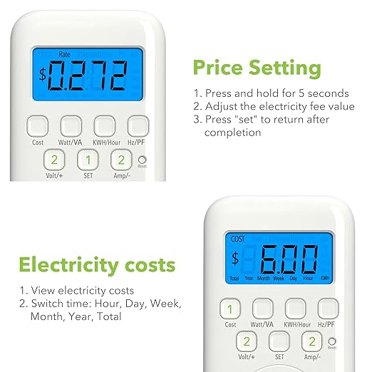 HBN Watt Meter Plug with Backlight, Plug-in Socket Power Meter Electricity Usage Monitor Consumption Home Electrical Energy Monitor, Voltage Amps Wattage Electricity Usage Tester, 9 Display Modes - Image 3