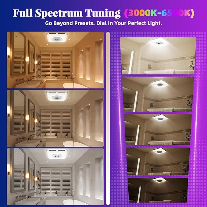 Bathroom Exhaust Fan with Speaker & Light Plug & Play, Dual Speakers, 230 CFM 1.0 Sone, 7 RGB Modes, 3000-6500K, Remote Bathroom, Laundry Room, Bedroom,Office - Image 7