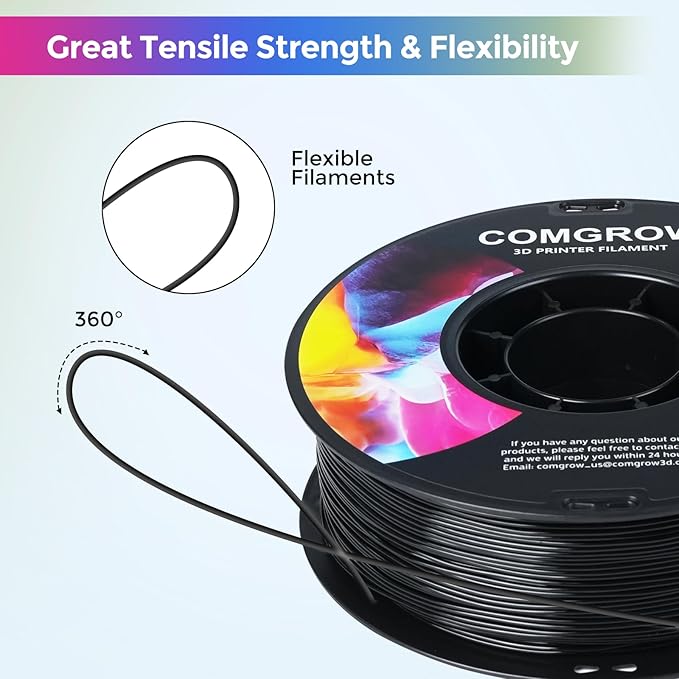 Comgrow TPU Filament, 1.75mm, 95A Soft TPU Flexible 3D Printer Filament Black 1kg (2.2lbs), Dimensional Accuracy +/- 0.02 mm, Fit Most FDM Printer - Image 4