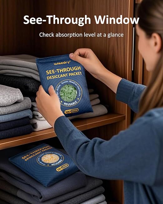 wisedry 2 x 500 Gram See-Through Silica Gel Desiccant Packets, Large Capacity Moisture Absorbers Bags, Color-Indicating Desiccant Packs for Storage, Reusable Gun Safe Dehumidifier - Image 3