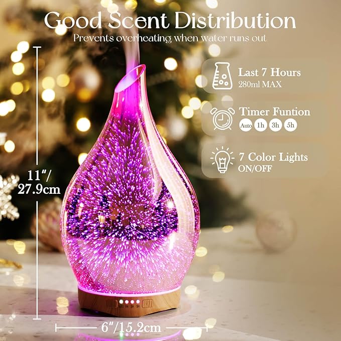 Porseme 280ml Essential Oil Diffuser, 3D Glass Aromatherapy Diffusor, Ultrasonic Cool Mist BPA Free Aroma Humidifier with Timer and Color Changing Function, Waterless Shut-Off for Home Office Room - Image 3