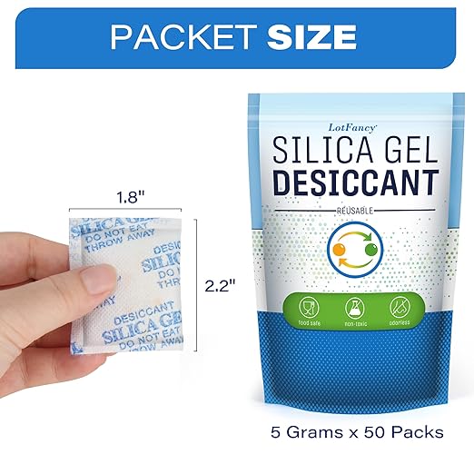 LotFancy 5 Gram (50 Pack) Silica Gel Packets, Color Indicating Desiccant - Rechargeable Moisture Absorbers for Food Storage, Electronics, 3D Filament & Gun Safes - Image 7
