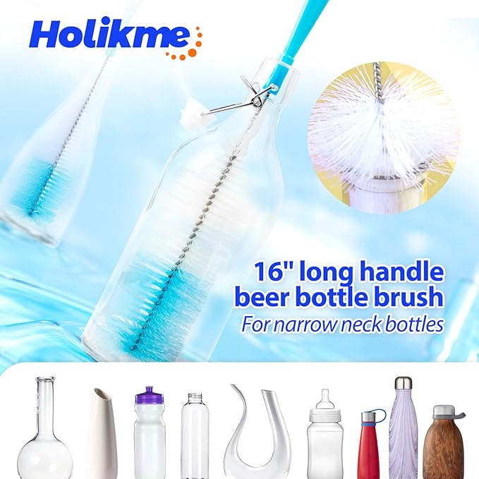 Holikme Bottle Brush Tube Cleaning Lab Set with Long Handle, Cup Cleaner for Washing Narrow Neck Beer Wine Decanter Pipes Lids Sinks Cap Covers, Azul - Image 3