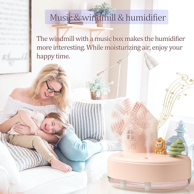 Ultrasonic Humidifiers for Bedroom and Office,Cold fog humidifier with music box, rotary windmill baby humidifier with night light, dual nozzle, two spray modes and ambient light - Image 2