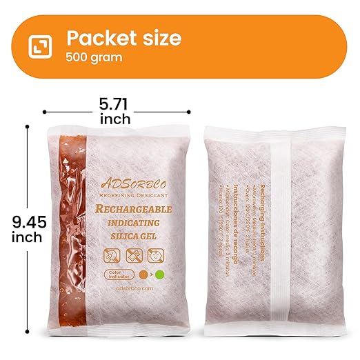 Adsorbco Rechargeable Desiccant, Indicating Silica Gel Packets, Moisture Absorbers for Storage, Gun Safe Dehumidifiers (10, 500g) - Image 2