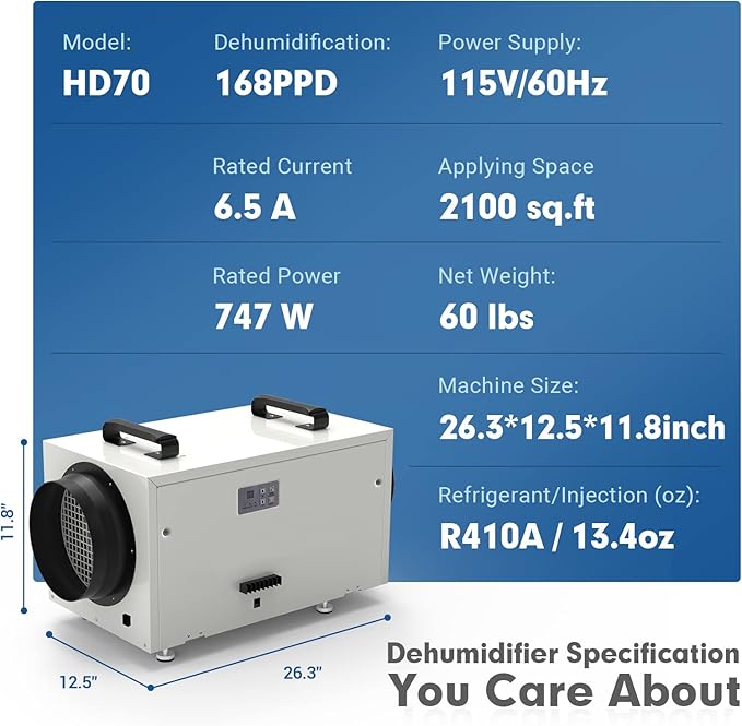 HD70 168 pints Crawlspace Dehumidifiers for Basements, Commercial Dehumidifier for Home, Garages, Water Damage Restoration, dehumidifiers for Crawl Space ETL Listed - Image 3