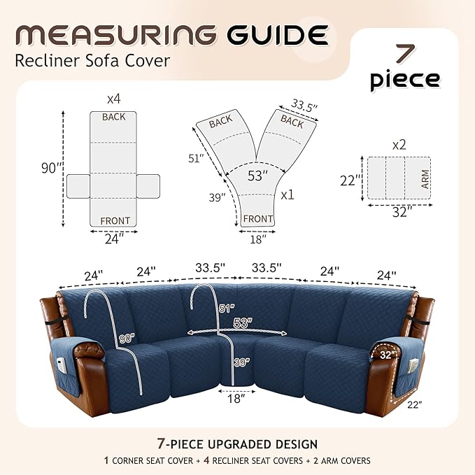 Arfntevss Waterproof Recliner Sectional Couch Covers for Reclining Sectional L Shape Sofa Cover Non Slip Washable Recliner L Shaped Slipcover Sets for Dog Furniture Protector (5 Seater, Dark Blue) - Image 5