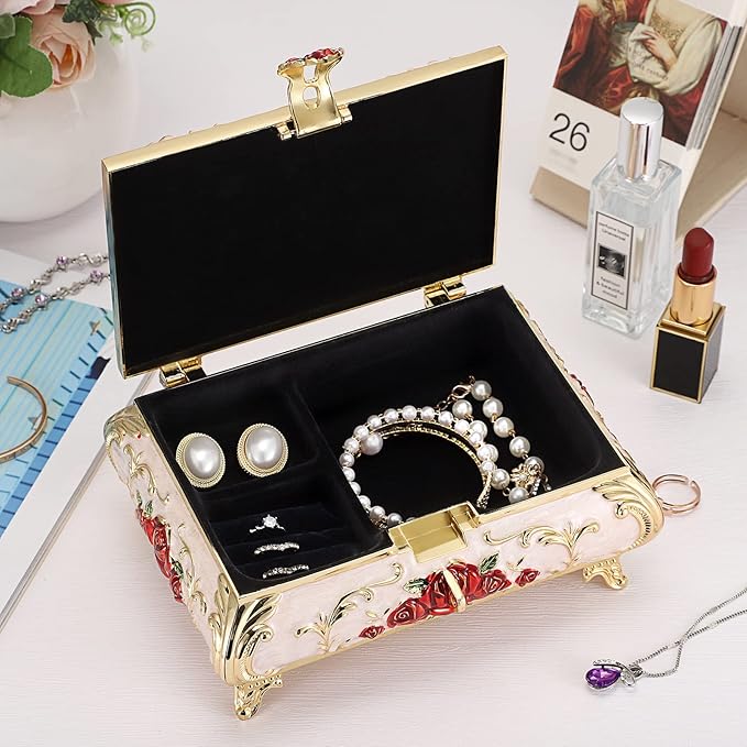Hipiwe Metal Decorative Jewelry Box Vintage Treasure Chest Case Ornate Trinket Organizer Earrings Necklace Bracelet Storage Box Ring Holder Keepsake Box for Women - Image 3