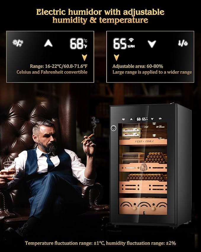 Electric Cigar Humidor Cabinet up to 600 Cigars, Temperature & Humidity Control System-75L Cooling Fridge with Cedar Wood Shelves Digital LED Screen Fingerprint Safety Lock Home & Commercial Use - Image 2