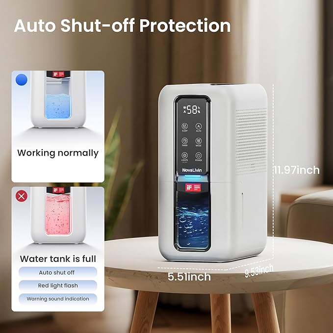Dehumidifier for Home, Dehumidifiers for Bathroom, Bedroom, Living room, Closet with 68 OZ Water Tank, Moisture Absorbers, Auto Shut Off, Auto Humidity Control, 7 Colors LED Light, Black and White - Image 4