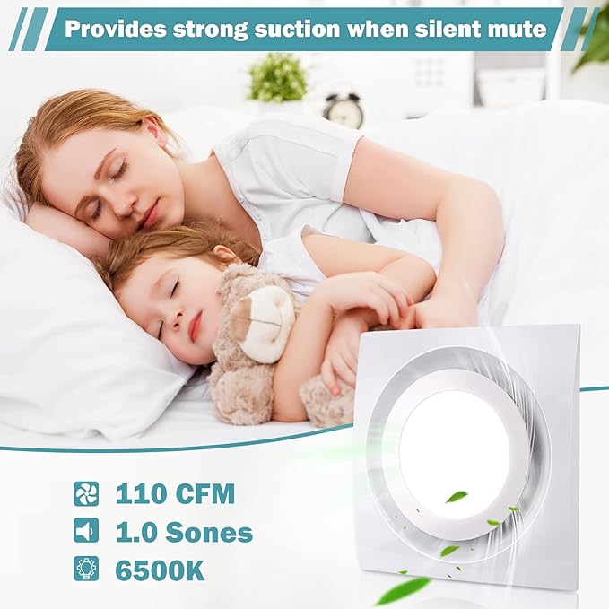 FEITON Bathroom Fan with Light Exhaust Fan Ceiling Mount Vent Fan Light Combo, 30W, 110V, 110 CFM 1.0 Sones, Square Quiet Ventilation Fan with LED Light - Image 3