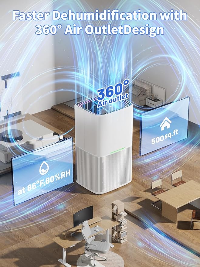 Dehumidifier, 60 OZ Water Tank, Dehumidifiers for Home, 500 sq. ft. Dehumidifier for Basement Bathroom Bedroom with Auto Shut Off, 7 Colors LED Light, Quiet Dehumidifiers with Sleep Mode (White) - Image 2