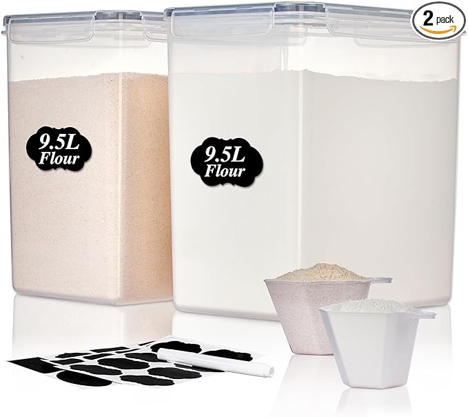 Vtopmart 9.5L 2 Pack Extra Large Flour Sugar Storage Containers for 25lbs flour, Airtight Kitchen Pantry Organization Canisters with Lids for Bulk food, Rice, Baking Supplies, BPA Free, Black by Vtopmart