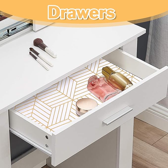 Shelf Liners for Kitchen Cabinets 11.8 x 236.2In Non Adhesive Shelf Liner Paper Non-Slip Thickened Drawer Liner Easy to Clean for Tool Box Refrigerator with Knife and Tape Measure, Gold Geometric - Image 5