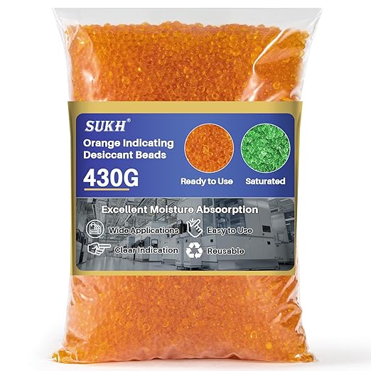 Sukh Orange Silica Desiccant Beads 430G - Indicating Silica Gel Beads Drying Silicone Reusable Desiccant Dehumidifier for Camera,Electronic,Books,Documents,Clothes,Painting,Jewelry by Sukh