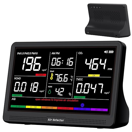 bonoch 16 in 1 Air Quality Monitor Indoor 7" Display 9 AQI+7 AQI Alerts, CO2 Monitor Air Quality Tester for CO2, TVOC, PM2.5 PM1.0 PM10, HCHO Temperature Humidity AQI & Time Air Quality Meter for Home by bonoch