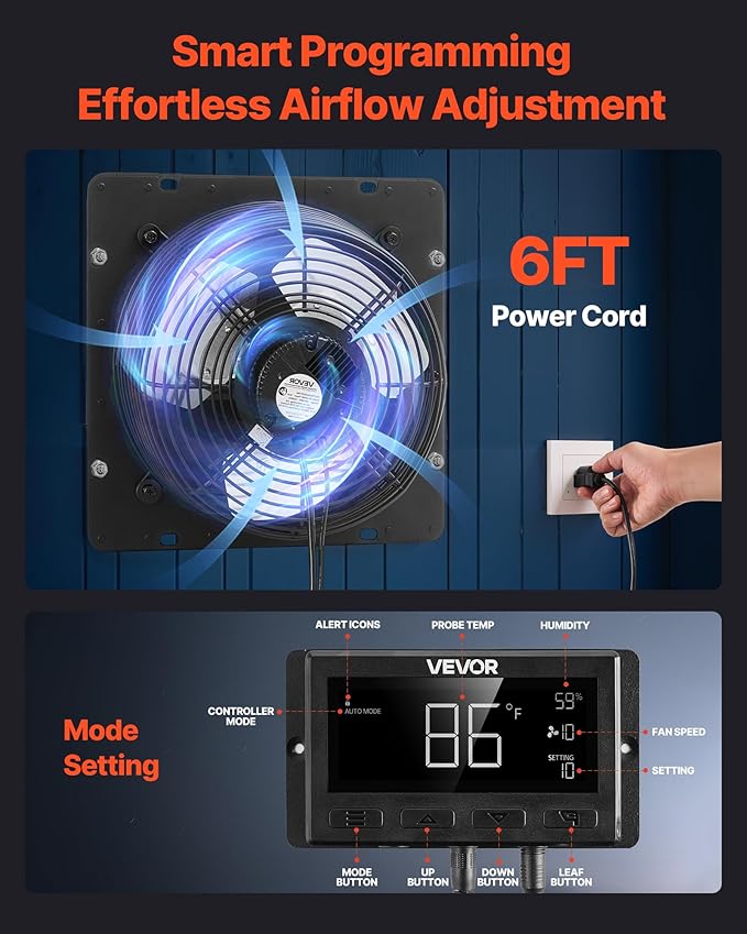 VEVOR 12 inch Exhaust Fan, Wall Mounted Attic Fan with Variable Speed, Temperature & Humidity Controller, 1500 CFM, Automatic Shutter - Image 6