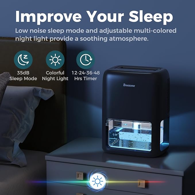 60 OZ Dehumidifiers for Home, Dual-Semiconductor Quiet Dehumidifier with Timer Auto-Off Sleep Mode 7 Colors Light Portable Small Dehumidifiers for Bathroom, Cloakroom, RV, Black - Image 4