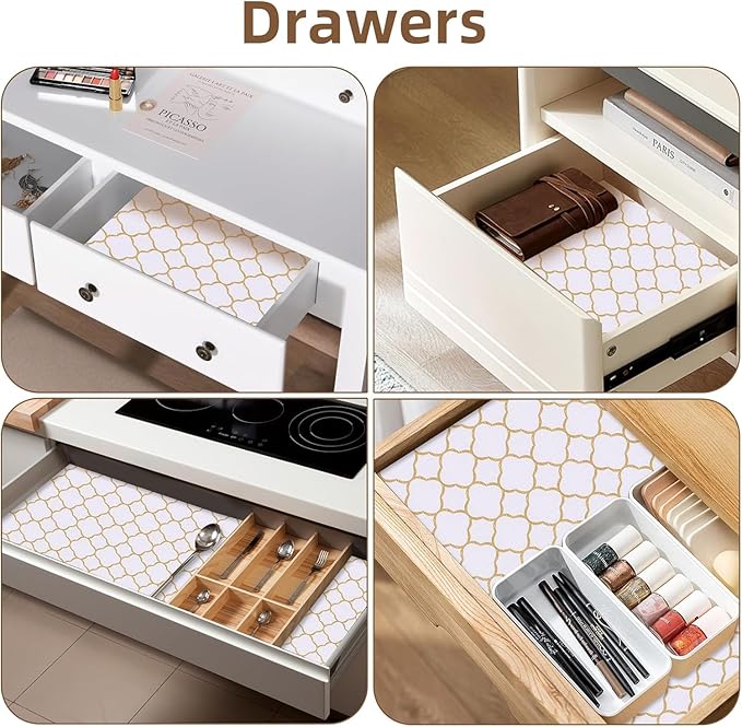 Shelf Drawer Liners for Kitchen Cabinets 11.8 x 236.2 Inches Non Adhesive Drawer Liner Thickened Refrigerator Liner Gold Quatrefoil Strong Non-Slip Paper for Tool Box with Knife and Tape Measure - Image 5