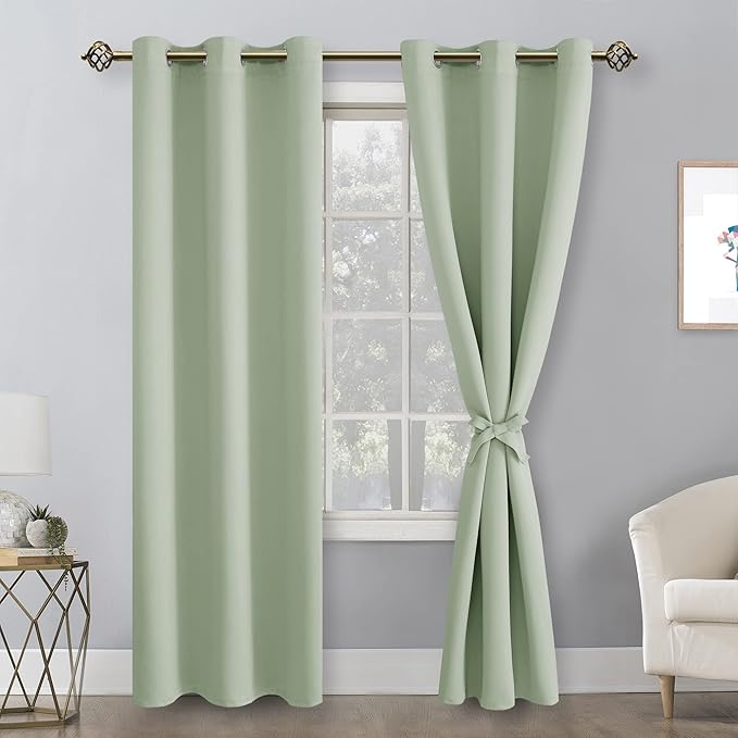 Hiasan Blackout Curtains for Bedroom, 42 x 84 Inches Long - Thermal Insulated & Light Blocking Window Curtains for Living Room/Kids Room, 2 Drape Panels Sewn with Tiebacks, Seafoam Green - Image 2