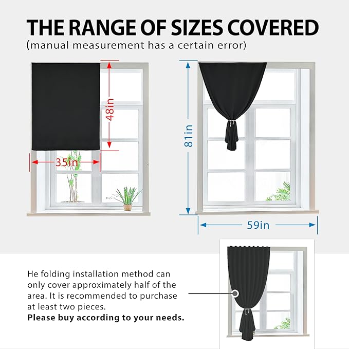 Autohesion Curtains for Windows,Bedroom Blackout Curtains for - Thermal Lnsulated No Drill Curtains Room Darkening Black Small Drapes, JILRON,(1 Panels,35Wx48L inch-Black) - Image 3