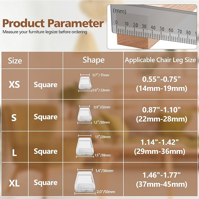 16Pcs Square Chair Leg Floor Protectors with Thickened Felt Pads Silicone Chair Leg Covers Caps to Protect Hardwood Tile Floors Furniture Feet Reduce Noise (Clear L Fit 1.14"-1.42") - Image 3