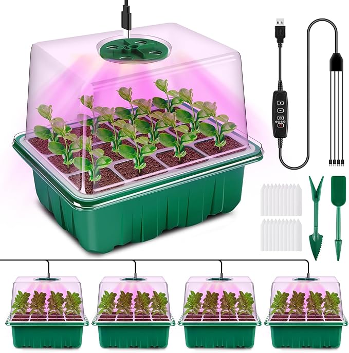 YAUNGEL Seed Starter Tray with Grow Light, 4 Pack Seed Starter Kit with Timing Controller Adjustable Brightness, Thicken Seedling Starter Trays with Humidity Domes Heightened Lids, Gift Box by YAUNGEL