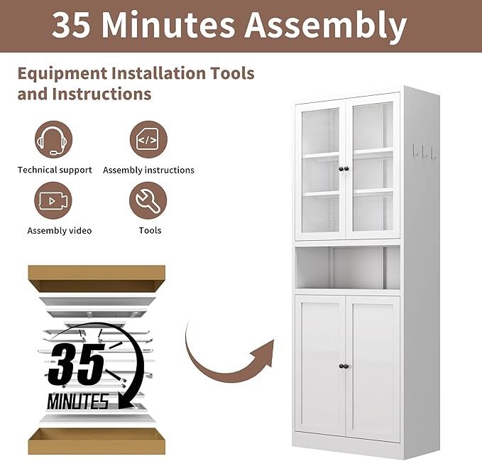 Kitchen Pantry Cabinet with Microwave Stand, 72" Tall Kitchen Hutch Storage Metal Pantry for Kitchen Dining Room Living Room Bathroom,Assembly Required (White) - Image 8