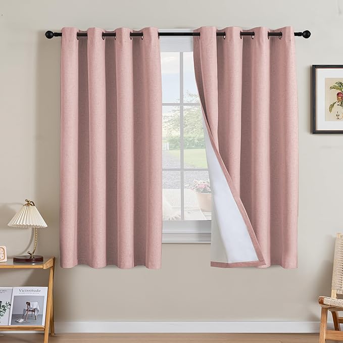 H.VERSAILTEX Linen Curtains 100% Blackout Curtains for Bedroom 63 inch Long Full Light Blocking Nature Linen Blended Window Curtains for Living Room Nickel Grommet (2 Panels, Heathered Baby Pink) by HVERSAILTEX