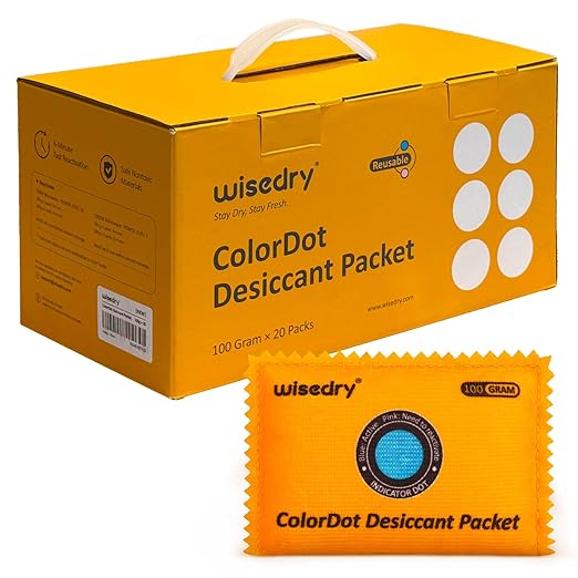 wisedry 100g [20 Packs] Rechargeable Desiccant Packs for Storage, Color Indicating Silica Gel Desiccant Packets, Reusable Moisture Absorbers Bags for Storage Bins, Suitcase, Gun Safe, Tool Box by wisedry