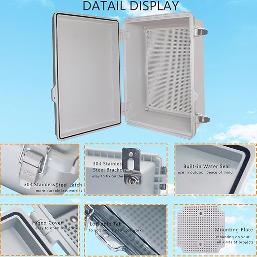 Waterproof Junction Box, ABS Plastic Electrical Box with Stainless Steel Latch, Hinged Cover Electric Project Enclosure Box with Mounting Plate, Wall Brackets 14.6" x10.6''x5.9'' - Image 3
