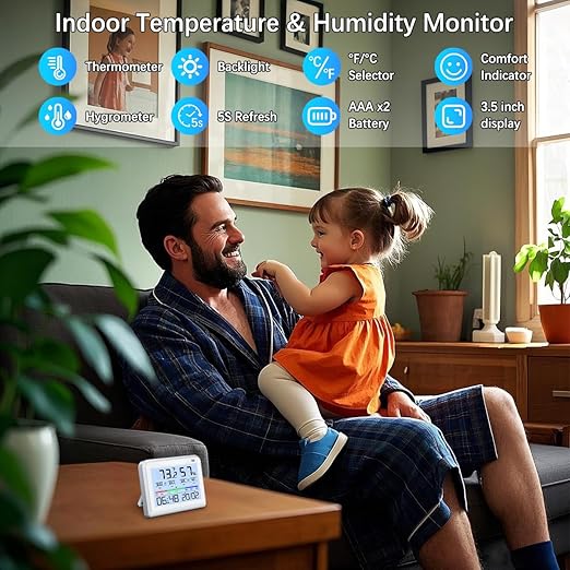 Digital Room Thermometer Indoor, Hydrometer Humidity Meter with Max and Min Records, 3.5inch LCD Screen, 10 Seconds Backlight, Temperature and Humidity Monitor with Clock for Home Room Temperature. - Image 2