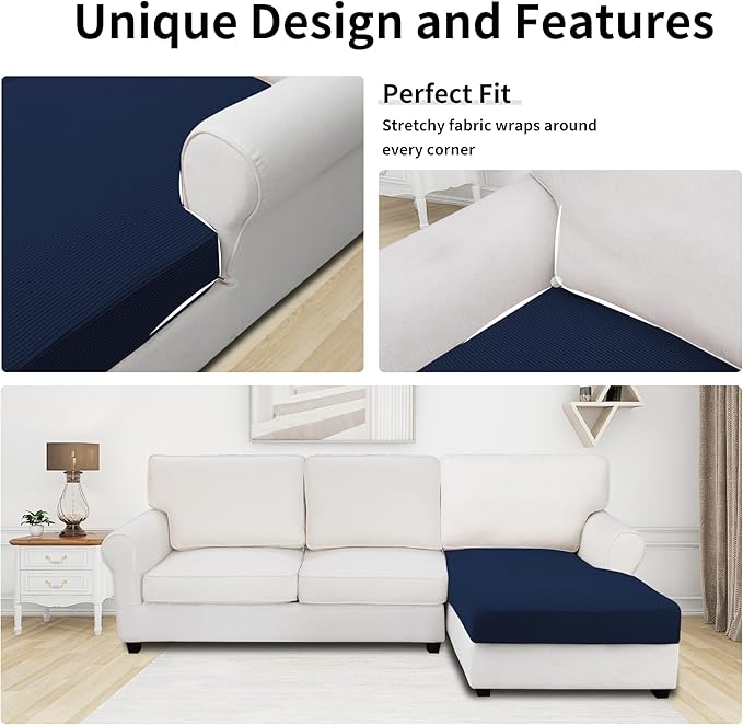 Easy-Going Stretch Sectional Couch Covers 1 Piece Chaise Lounge Slipcover L Shape Separate Cushion Couch Seat Chaise Cover for Both Left/Right Sectional Couch Navy - Image 3