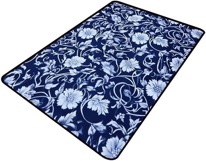 White Flowers on Blue Background Runner Rug: Design Printing with Anti-Slip Backing - Stain Resistant, Washable Accent Rug for Living Room/Bedroom - Non-Shedding Floor Carpet, 48 x 72 Inch by Snarena