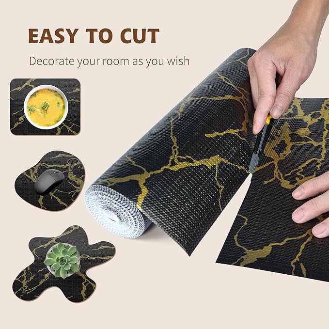 2-Layer Drawer and Shelf Liner for Kitchen Cabinet: 12in X 20Ft Non Slip Waterproof Shelf Paper Non Adhesive Refrigerator Liners Black/Gold Marble Easy Liners for Bathroom with Knife Tape Measure - Image 7