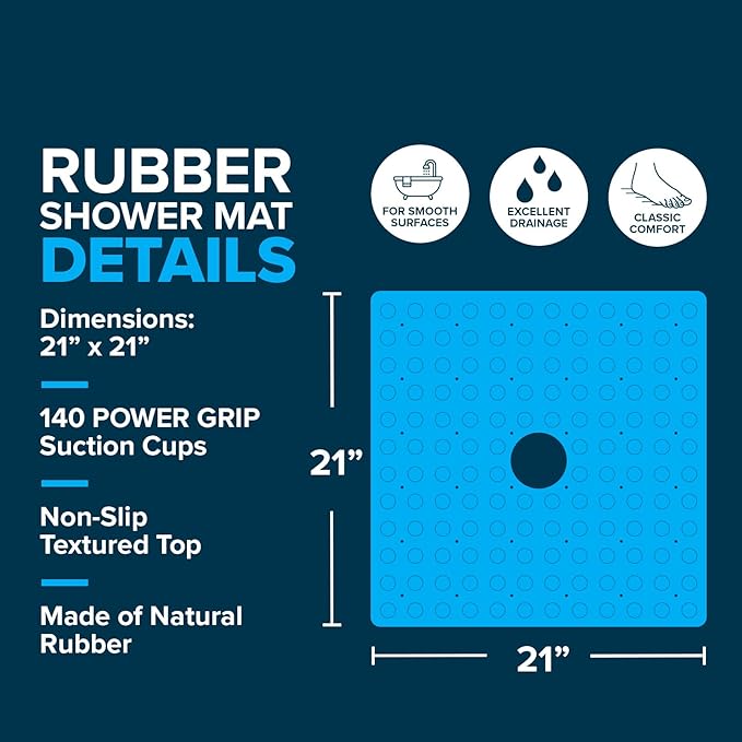 SlipX Solutions Square Natural Rubber Shower Stall Mat, 21” x 21”, Non Slip Safety, Built-in Product Protection, 140 Power Grip Suction Cups, Center Drain Hole, White - Image 9