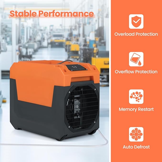 COSTWAY 140 Pints Commercial Dehumidifier with Pump, Portable Industrial Dehumidifier with Drain Hose for Basements, Job Sites, Water Damage Restoration (Orange) - Image 5