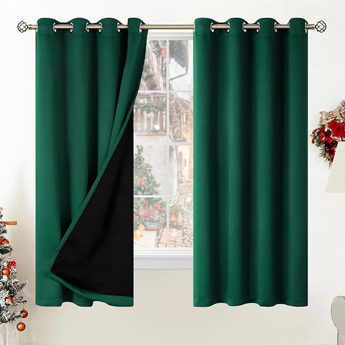 BGment Thermal Insulated 100% Blackout Curtains for Bedroom with Black Liner, Double Layer Full Room Darkening Noise Reducing Grommet Curtain (52 x 63 Inch, Emerald, 2 Panels) by BGment