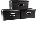 PRANDOM Collapsible Storage Box with Lid [3-Pack] Leather Fabric Foldable Storage Bin Organizer Container Basket Cube with Cover for Home Bedroom Closet Office Nursery Black(13.6x9.6x6.9) by Prandom