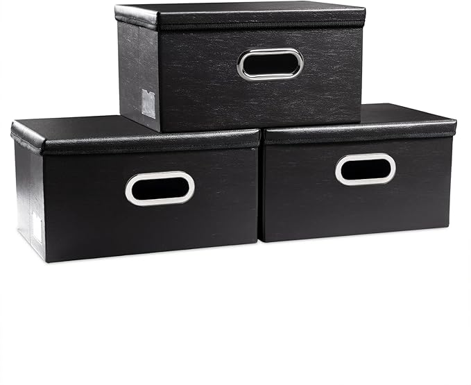 PRANDOM Collapsible Storage Box with Lid [3-Pack] Leather Fabric Foldable Storage Bin Organizer Container Basket Cube with Cover for Home Bedroom Closet Office Nursery Black(13.6x9.6x6.9) by Prandom