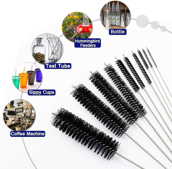 DiCUNO Straw Cleaning Brushes Set, 8 Inch Nylon Tube Brushes, Different Sizes Clean Brush for Bottle, Pipe, Keyboard, 2 Sets of Super Hard & Medium Hard - Image 4