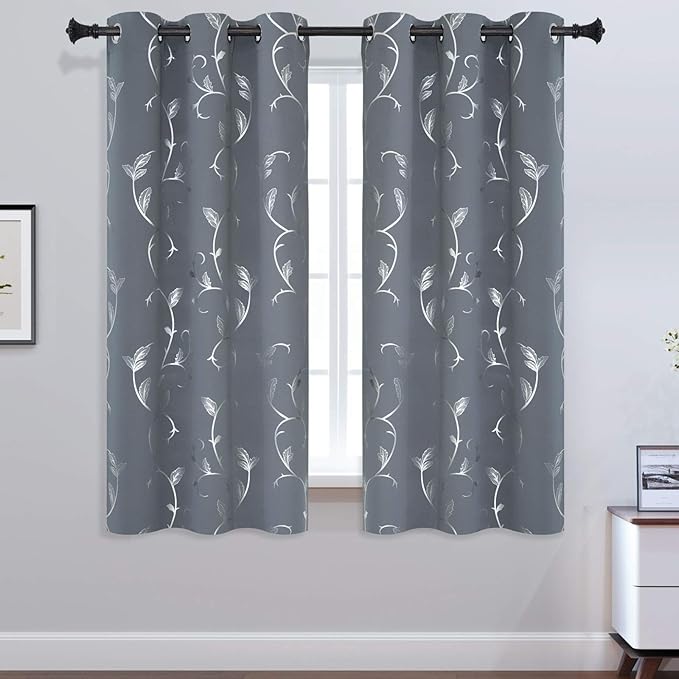 BUHUA Small Window Blackout Curtains Bedroom Darkening Curtain Panels Silver Floral Print Blackout Curtains for Kitchen 38W×45L Light Grey 2 Panels - Image 2