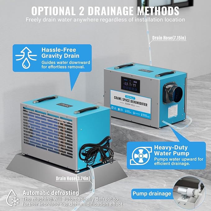 145 Pint Commercial Dehumidifier,Crawl Space Dehumidifier with Pump and Hose,Portable, AutoDefrost, Memory Restart Starting,Whole House dehumidifier for Basements, Warehouses - Image 4