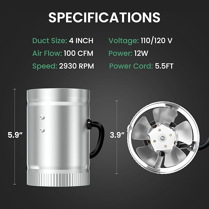 iPower 4 Inch Inline Booster Duct Fan 100 CFM HVAC Exhaust Ventilation Blower with Low Noise for Grow Tent, Basements, Bathrooms, Kitchens and Attics, 2 Packs, Silver - Image 5