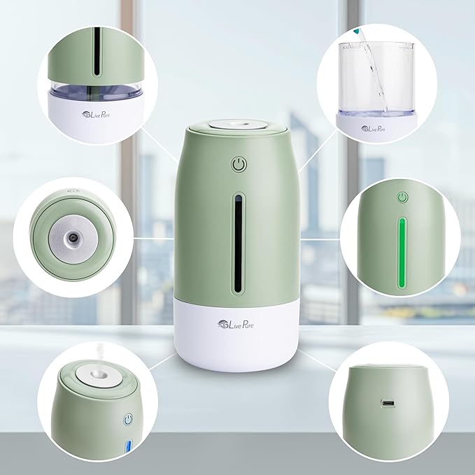 LivePure Cool Mist Humidifiers for Bedroom. Small Humidifier for Babies, Nursery, Plants, Office. Ultrasonic Cool Mist Humidifier w/Quiet Operation, USB-C Rechargeable. Mint Green - Image 6