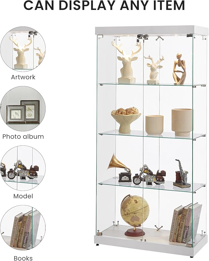 Yoluckea 4 Shelves Glass Display Cabinet with Light and 2 Doors, Floor Standing Clear Glass Curio Cabinet Collection Display for Living Room Bedroom 66.3” x 31.5” x 14.2” White - Image 5