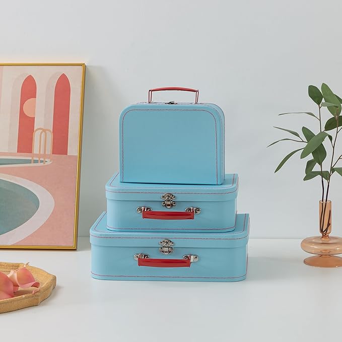 SLPR Paperboard Suitcases Set of 3, Light Blue - Vintage Cardboard Suitcase Decor, Nesting Luggage Decorative Mache Boxes with Hinged Lids and Brass Handles, Mini Suitcases for Centerpieces - Image 6
