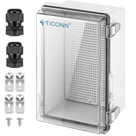 TICONN Outdoor Electrical Box Waterproof, Junction Box IP67 ABS Plastic Enclosure with Hinged Cover with Mounting Plate, Wall Brackets, Cable Glands (Clear, 10.2"x6.3"x3.9") by TICONN