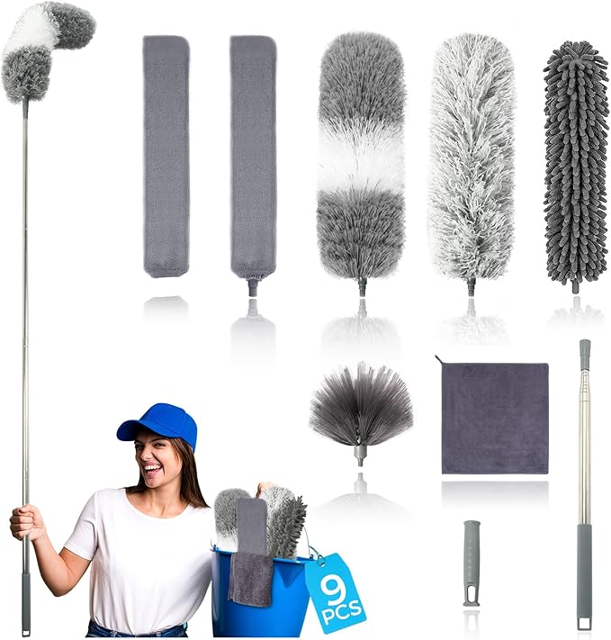 9Pcs Dusters for Cleaning Kit, Extendable Microfiber Duster Tools with 100" Long Pole, Retractable Gap Bendable Dust Cleaner, Reusable Washable Cleaning Supplie for Ceiling Fan Furniture Cars and Home by AURUZA