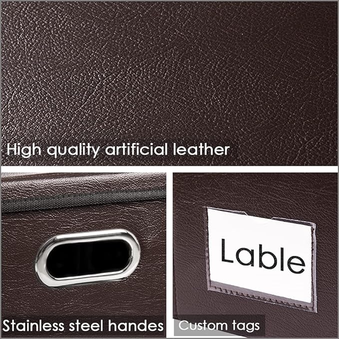 PRANDOM Collapsible Storage Box with Lid [1-Pack] Leather Fabric Foldable Storage Bin Organizer Container Basket Cube with Cover for Home Bedroom Closet Office Nursery Brown (13.6x9.6x6.9) - Image 4